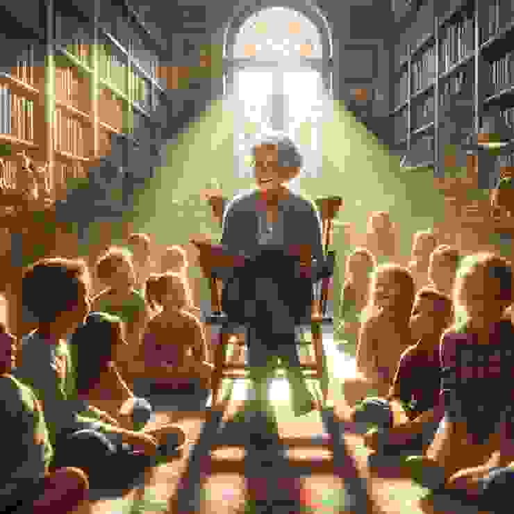 In a cozy, well-lit library filled with rows of bookshelves, an elderly librarian named Jane, with short silver hair, glasses, and a warm smile, is sitting in a rocking chair surrounded by a group of children sitting on the floor. 