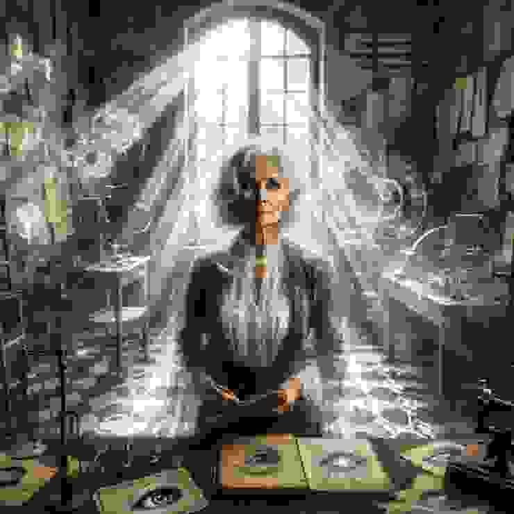 In an old, dusty room filled with abandoned scientific equipment, an older woman with silver-streaked hair stands in the center.