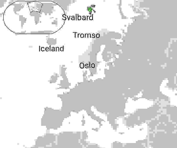 綠色為Svalbard群島，淺綠色為挪威本土，挪威本土左側的島嶼為冰島。地圖來源：Rob984, Wikipedia，圖上英文地名為作者加註。
