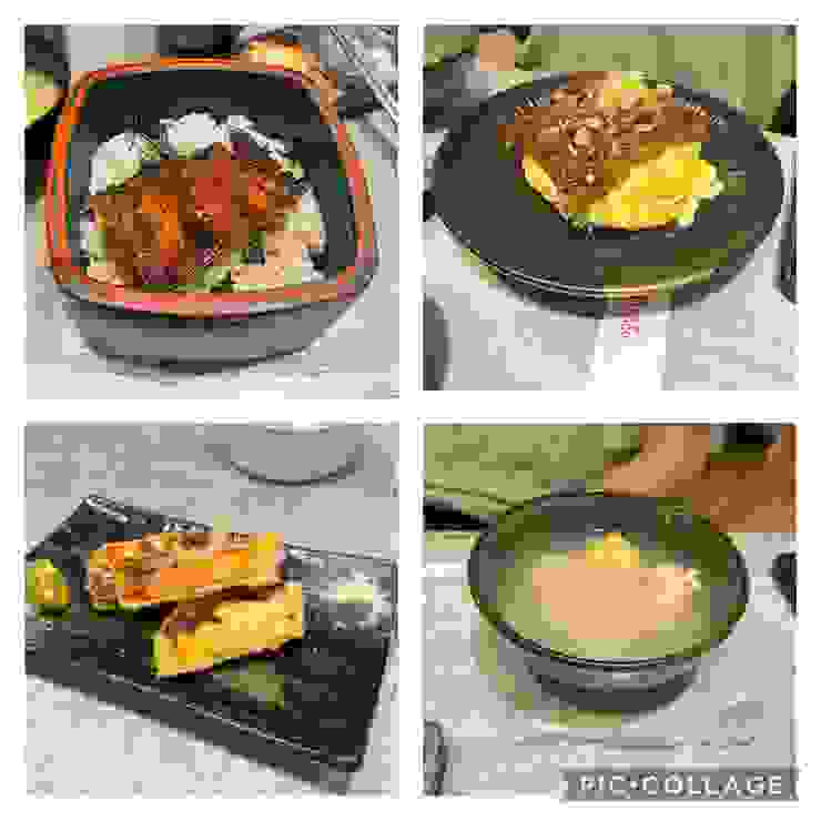 左上蒲燒鰻魚飯、左下炙燒鮭魚肚、右上特盛鰻魚蛋包飯、右下關東煮。