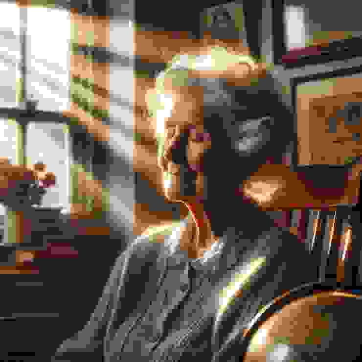 An elderly woman named Jane sits peacefully in a rocking chair, her silver hair illuminated by the warm glow of a setting sun streaming through a window.