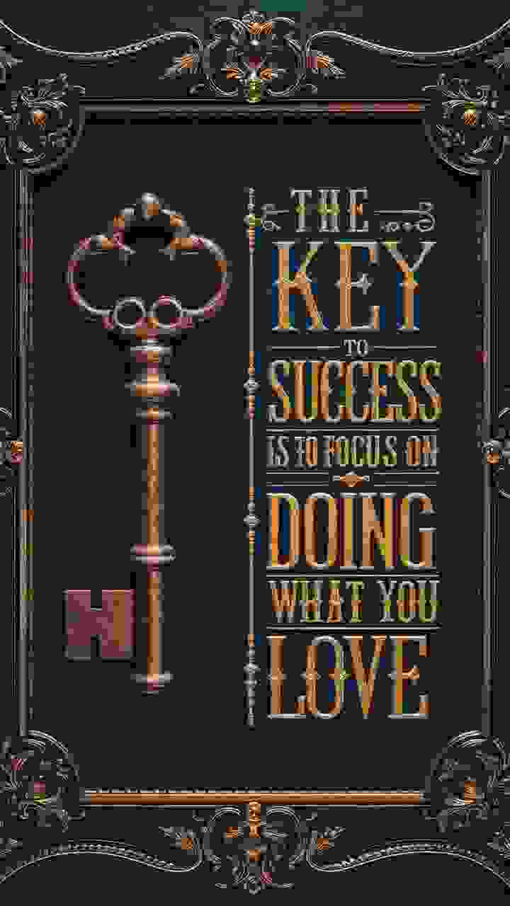 A captivating vintage-inspired artwork featuring an antique key as the central symbol, surrounded by rich, dark colors and intricate detailing. The frame is adorned with ornate embellishments, adding to the overall elegance of the piece. To the right of the key, the motivational quote "The key to success is to focus on doing what you love" is expertly crafted using stunning typography. The typography is reminiscent of a cinematic title sequence, further enhancing the timeless and wise aesthetic. The artwork inspires and encourages viewers to dedicate themselves to their passions and pursue success with unwavering determination., cinematic, typography, photo