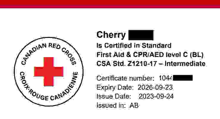 由加拿大紅十字會發出的急救證書