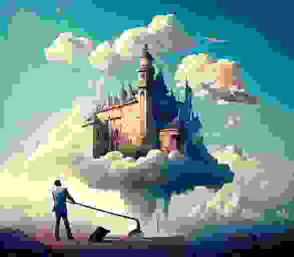 recraft.ai；prompt：A man, wearing a suit jacket on his upper body and casual shorts on his lower body, holding a shovel and mallet (leisurely), is building a gorgeous castle with a garden on the clouds (soft light).