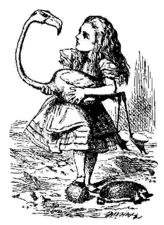 John Tenniel 原作﹕愛麗絲手中的球棍是活生生的紅鸛，而地上的球是活生生的刺蝟