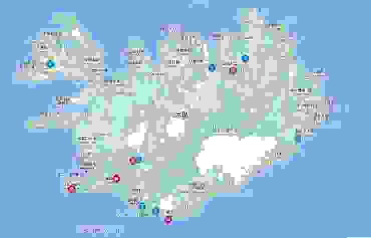 藍色編號1-7為瀑布編號，對應冰島之水（上）及（中）；紫紅色為本篇五個景點之位置，西南部三個景點，北部南部各一。