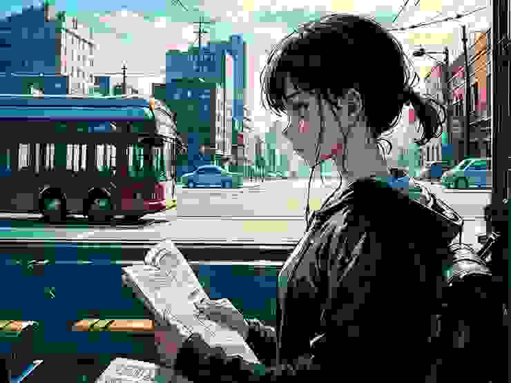 1girl, beautiful, solo, (establishing shot:1.5), (side view:1.5), in a bus, reading