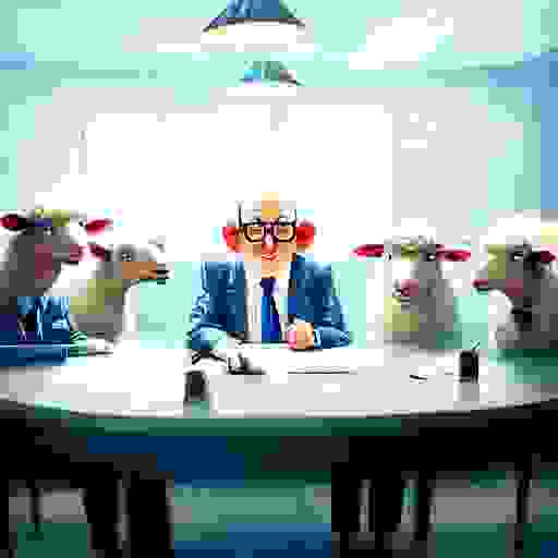 recraft.ai；prompt：A happy old man in a suit sits in a conference room (soft lighting), and a group of sheep wearing glasses and checkered shirts with disdainful expressions is having a meeting. On the conference table, there is a drawing of a large cookie. (嘗試了好多遍，怎樣都沒辦法讓AI畫大餅欸…)