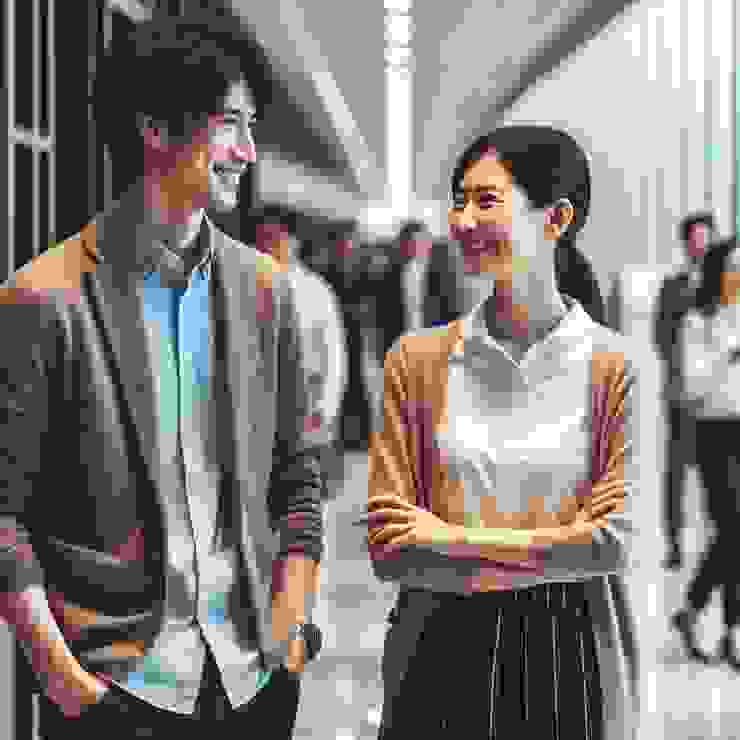 示意圖：一男一女站在走廊聊天，兩人都在微笑，並且保持一定距離。(圖片來源：Copilot AI 生成圖)
