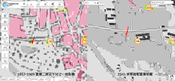 雙視窗模式檢視1969年臺灣地形圖(左)及1945年美軍繪製臺灣地圖(右，據說是二戰時為了轟炸用途繪製的)