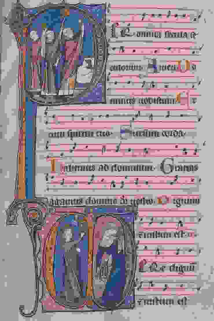 （這是一本典藏於根特大學圖書館的十三世紀的彌撒經本, Missal of the Sint-Pieters Abbey。內容是頌謝詞的前導，也就是：「請舉心向上。我們全心歸向上主」的部分。左上角的大P那裡可以看到彌撒舉行的圖畫。雖然已經過了七百多年，但是這個曲調在今天的彌撒當中還是一模一樣）