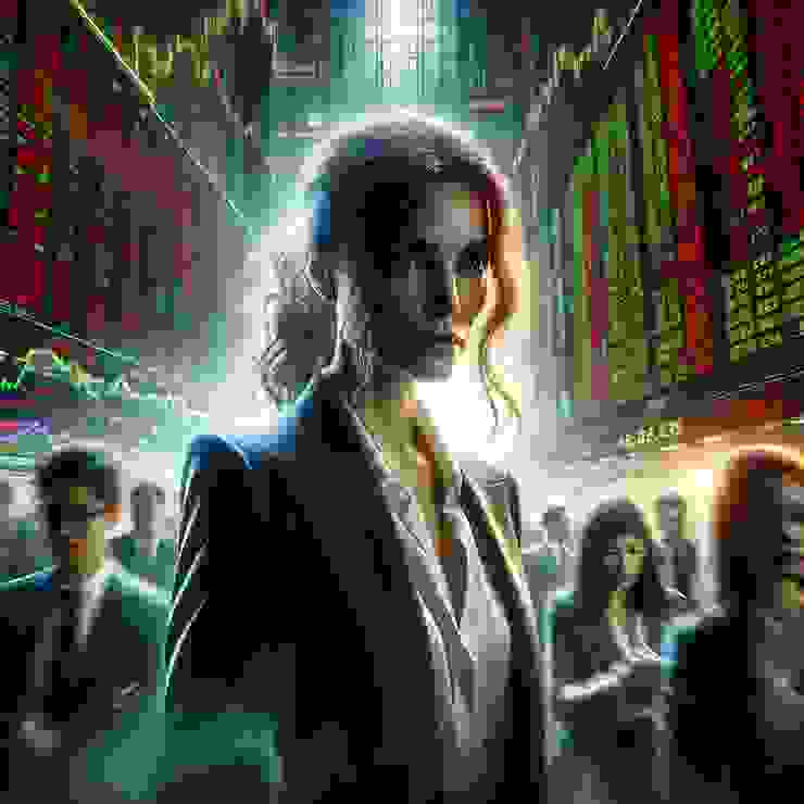 In the center stands a woman, Jane, exuding confidence and focus amidst the chaotic backdrop of fluctuating stock market screens displaying red and green numbers.