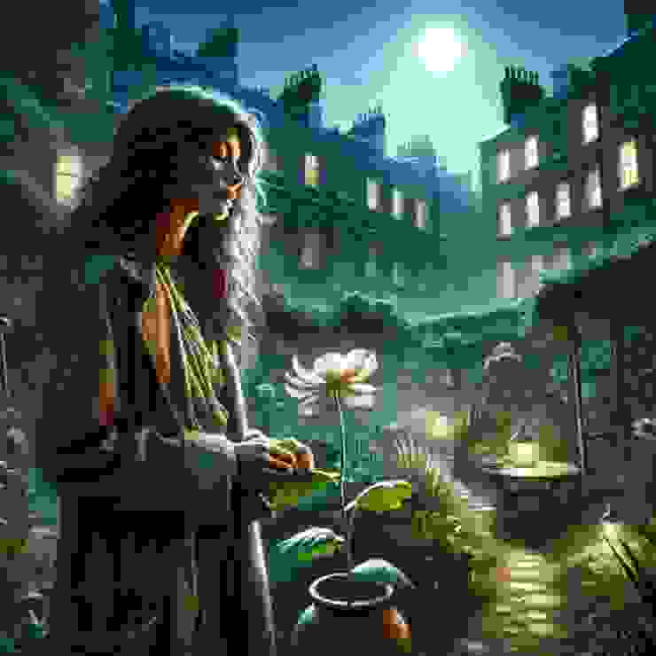 In a secret garden in the heart of a bustling city, there is a woman named Jane. She is a botanist with a curious and dreamy demeanor, standing in the moonlight. 