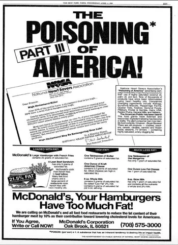 美國富商菲爾刊登全版報紙廣告，抨擊麥當勞的食物熱量（fat）太高。來源：2022 The Carnivore Bar