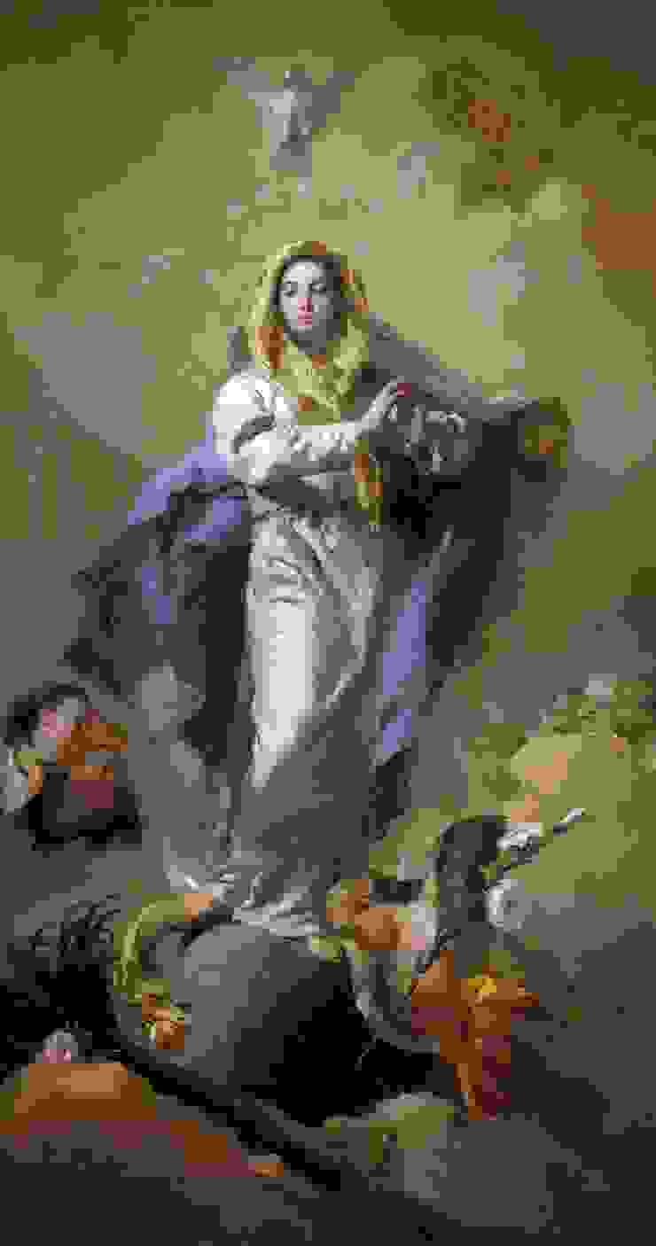 Giovanni Battista Tiepolo的畫作《始胎無染原罪的聖母》（1767-1769）。這幅畫作比庇護九世宣布始胎無染原罪的信理早了將近一個世紀。這個關於聖母的信理一直以來是作為一種虔敬的傳統被保留著的。（wiikimedia）