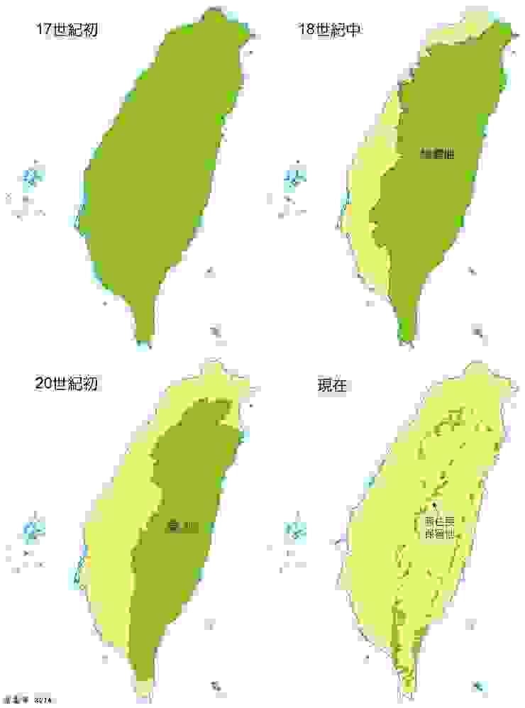 綠色代表台灣原住民在不同時期擁有的土地。本圖取自葉高華老師的臉書https://reurl.cc/11620D。