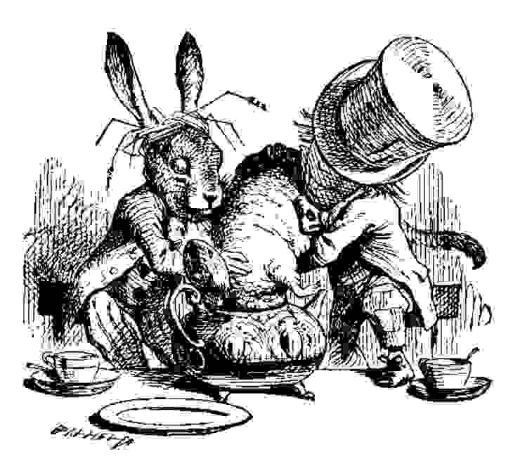 John Tenniel 原作﹕帽匠和三月野兔把睡鼠塞入茶壺裡