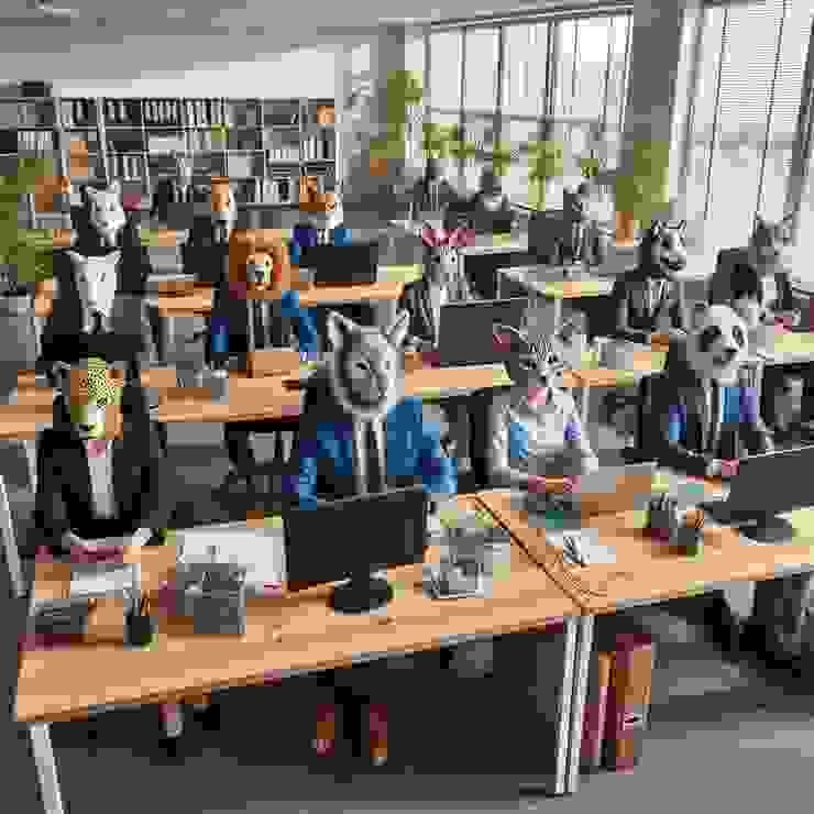 示意圖：辦公室中的人，都各自戴著動物面具。(圖片來源：Copilot AI 生成圖)
