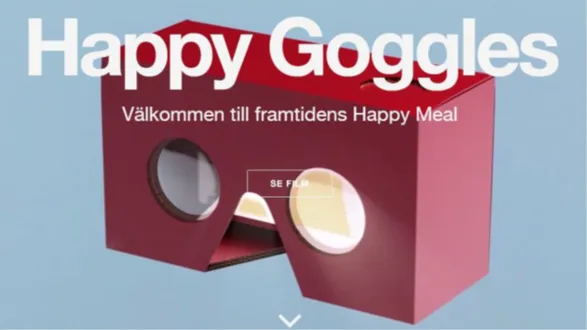 2016 年瑞典麥當勞跟 Google 合作推出「Happy Goggles」與瑞典滑雪節慶「瓦薩滑雪節」結合。來源：麥當勞官方