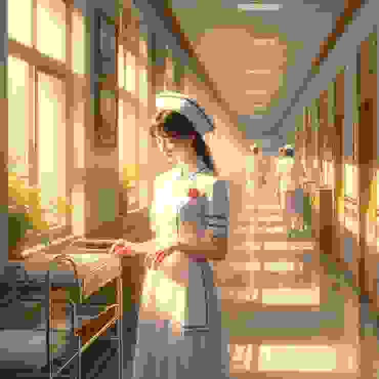 陽光灑在醫院的走廊上，一位美麗的護理師穿著護士服忙碌地穿梭著
