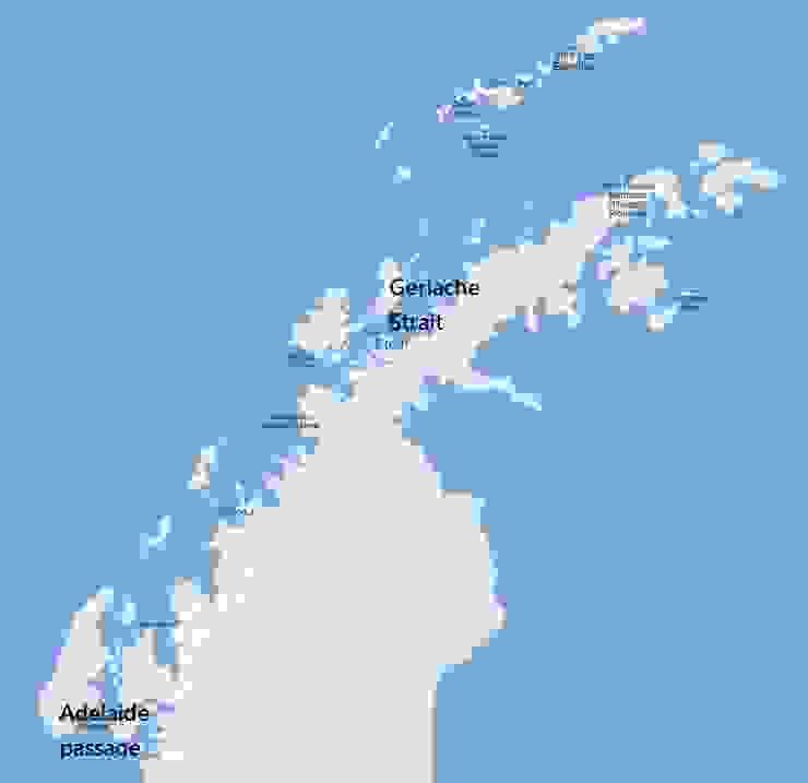 Adelaide passage與Gerlache Strait之相關位置。擷取至Mapcarta，黑色地名為作者所添加。