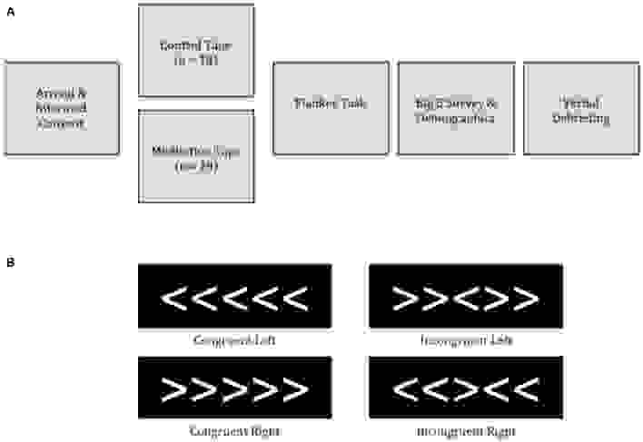 (A) Session timeline. (B) Trial types for the Flanker Task used in Study 1.