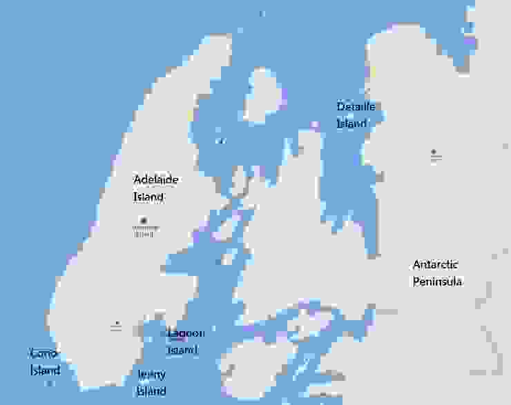 Adelaide Island、Cono Island 、Detaille Island、Lagoon Island及Jenny Island之相關位置，擷取自Mapcarta，黑色英文地名為作者所添加。