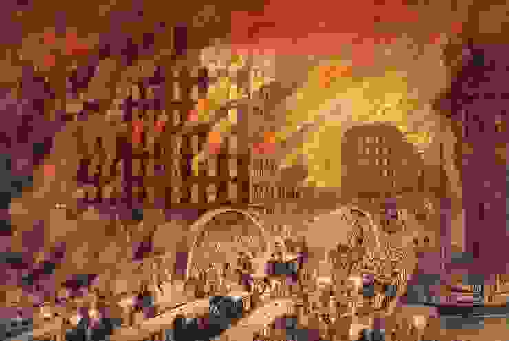 紐約Currier and Ives版畫公司繪製的芝加哥大火，市民們正穿過市中心的藍道夫街大橋（Randolph Street Bridge）逃生。