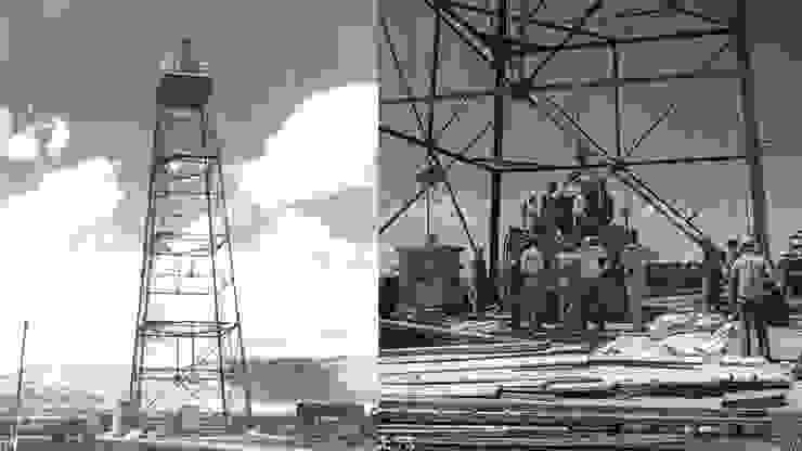 （左）懸吊「小工具」原子彈的鐵塔；（右）工作人員正在將「小工具」吊上鐵塔頂端