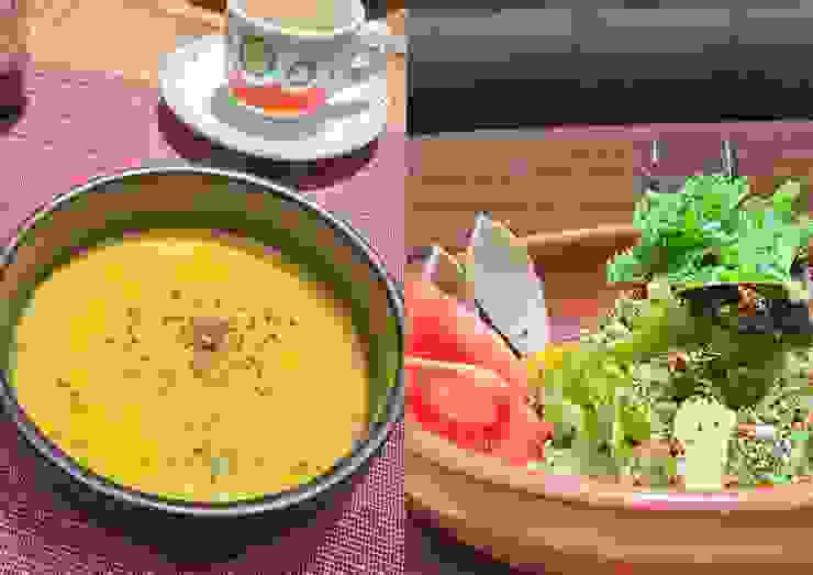 左邊是濃湯，右邊是生菜沙拉