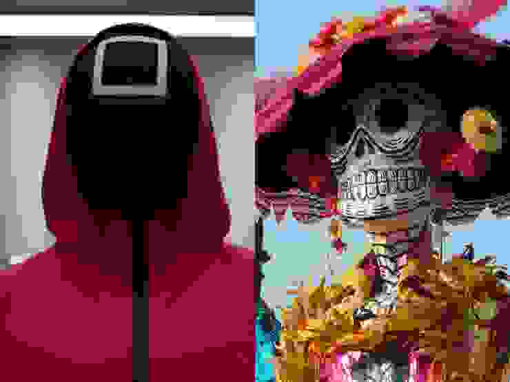《魷魚遊戲》紅衣人（左）及卡翠娜骷髏頭（右）。（圖片來源／Youtube截圖自Netflix、Flickr@-Chupacabras-）