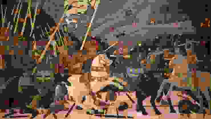 圖十七：1438-40, Niccolò Mauruzi da Tolentino at the Battle of San Romano, 182 x 320 cm, National Gallery, London. Niccolò da Tolention 領軍。氣勢如虹，殲滅敵人。