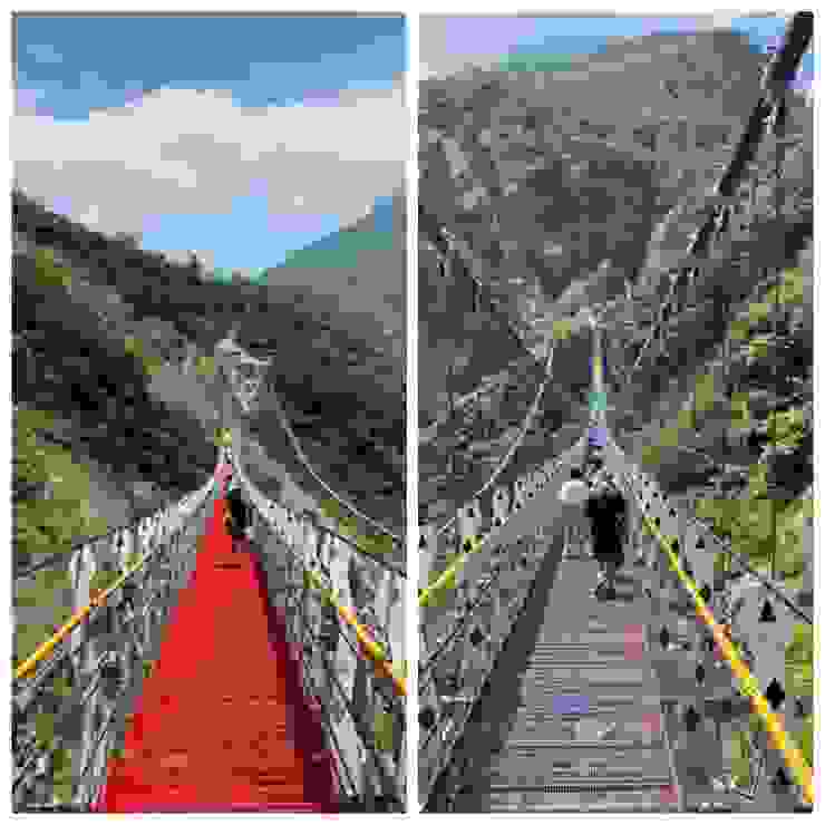 七彩吊橋去程是從紫色到紅色，回程則是從紅色到紫色