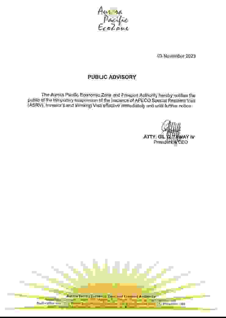 菲律濱歐若拉特區的ASRV簽證，不需要無犯罪的小特赦，目前已經暫停