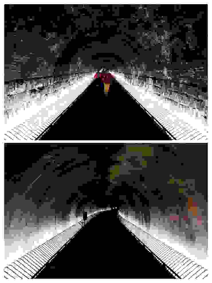 隧道內從地面兩側間接投射燈光， 隧道建造是砌石加上磚拱， 隱約可以看到被煙燻黑的痕跡。