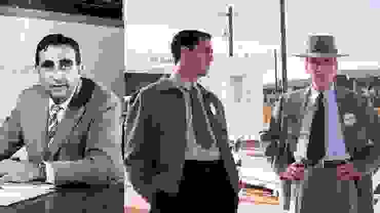 （左）愛德華泰勒於1958年就任勞倫斯利福爾國家實驗室主任的照片；（右）《奇愛博士》電影劇照，左為由班尼沙夫戴所飾演的愛德華泰勒，右為席尼墨菲所飾演的奧本海默