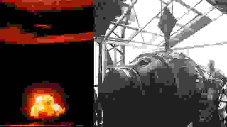 （左）三位一體核試驗成功引爆後十秒的照片；（右）三位一體核試驗的「小工具」原子彈