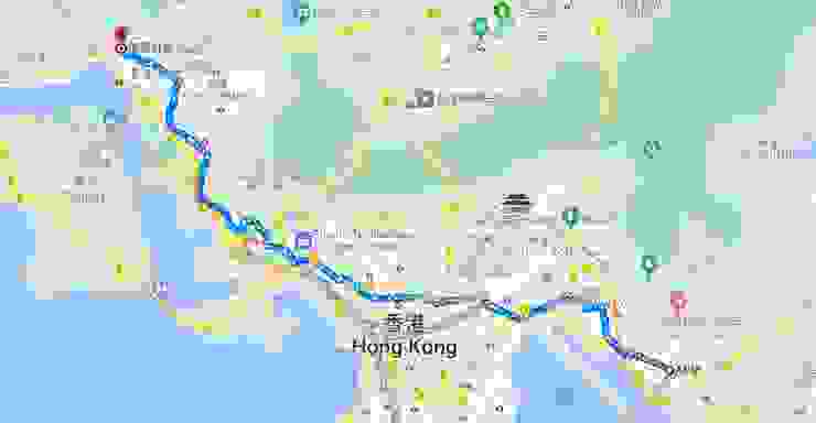 在google map顯示, 由觀塘APM商場至荃灣南豐紗廠的步行路徑