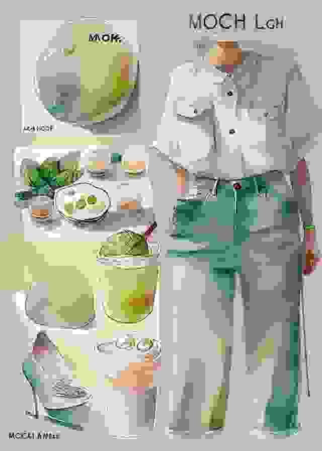 Mochi Ice Cream, Top light, Rough strokes, Fine Texture, Morning, Soft Color Tones, Tote bag, Denim Shirt, Fruit Juice, Bare-faced makeup, Detail-oriented, High-waisted Pants, Fisheye composition, Fair skin, Midday, Green Tea, Suit pants, Watercolor, Shorts for girl/woman, Skilled lines, Museum