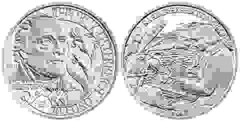 奧地利推出的呷貴先生紀念幣，右邊是呷貴先生在新世界努力採集的模樣