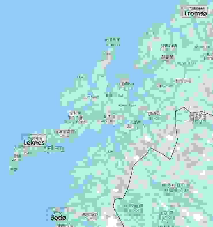 Tromsø及Bodø與羅弗敦群島的Leknes的相對位置，擷取及後製自Google Map。