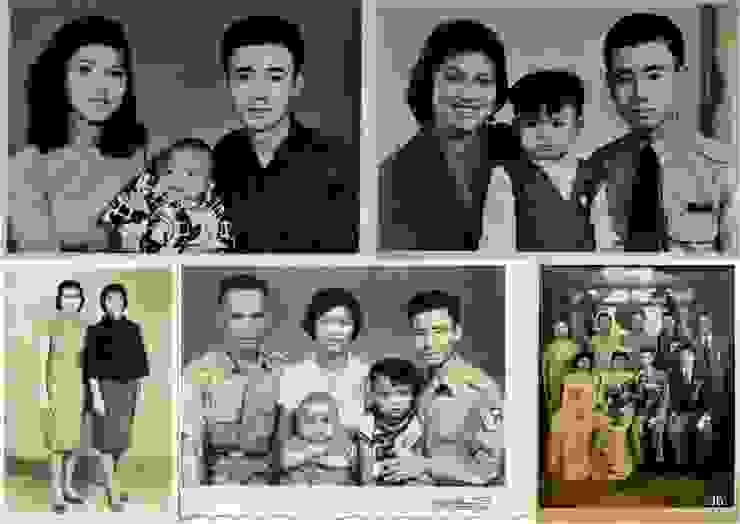 黑白老相片凍凝清晰莊嚴的樣貌─在那物質匱乏的年代，每逢重要時刻，會特地到相館或請來專業攝影師，留下莊嚴的影像，那些古典、認真具儀式感的時代容顏是無法復刻的。照片左上：1959年JB出生一百天；右上：1960年JB週歲；左下：1961年老媽與鄰居白媽媽；下中：1961年當時的JB全家福與家庭好友王叔叔；右下 ：1958年4月JB爸媽結婚照。