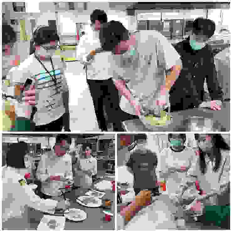 學員實作，(上圖)搗韭花醬，(左下)韭花醬佐各種肉品試吃 (右下)包紫藤花餛飩
