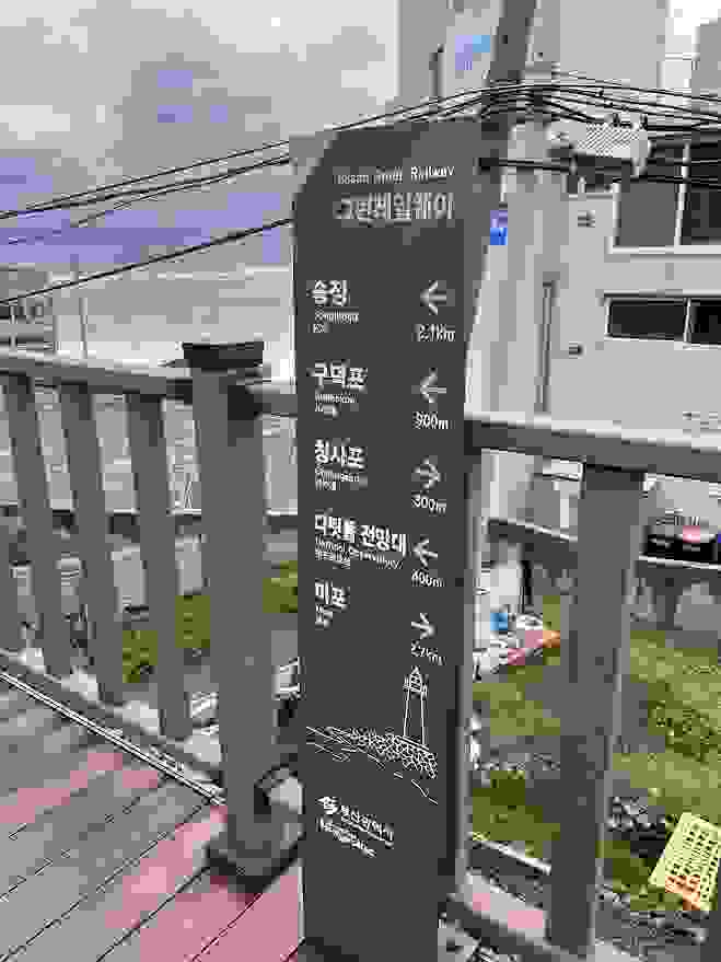 從青沙浦站走出來過馬路後可以看到路標，往橋石展望台（다릿돌 전망대）的方向走