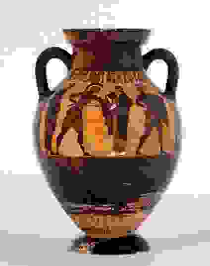 特洛伊城的海倫――根據克里斯多夫．馬羅的說法——她的美貌足以讓千艘戰船齊發啟航；而這個黑繪彩陶雙耳細頸壺（約西元前540 年）所描繪的圖像，正是最早出現的海倫形象之一。