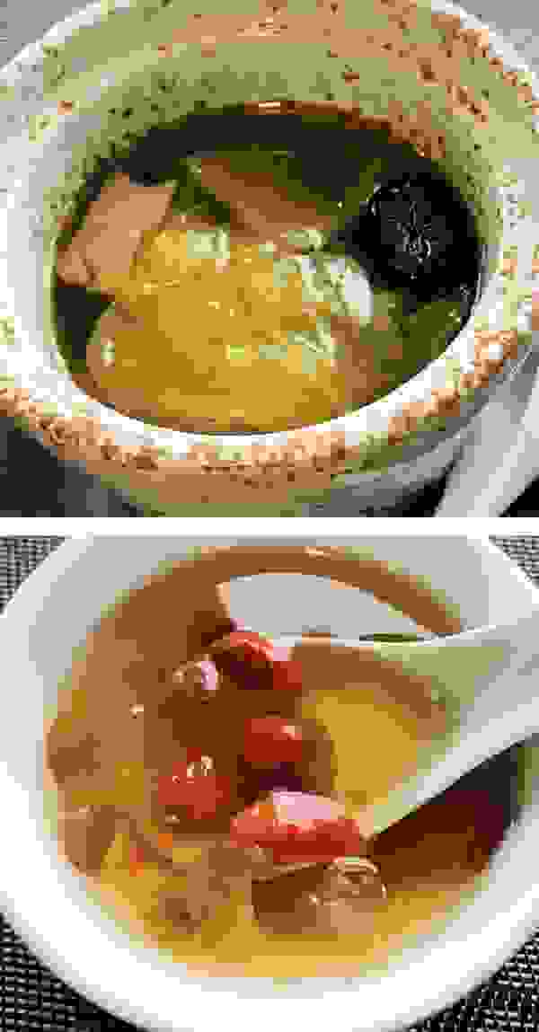 (上圖) 藥膳湯：用刺五加茶熬煮的藥膳湯，沒有過濃的中藥味。(下圖) 木耳枸杞甜湯
