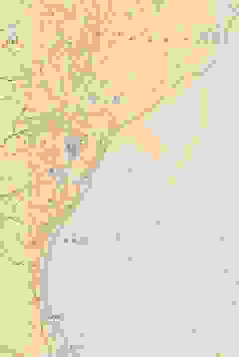花蓮海岸相當平直、無天然遮蔽物，圖為日治二萬分之一台灣堡圖(大正版)，底圖為Google map 資料來源：中研院台灣百年歷史地圖