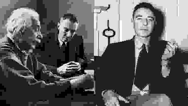 （左）愛因斯坦與奧本海默在普林斯頓高等研究院內討論；（右）奧本海默於1946年拍攝的照片，此照片中奧本海默手持香菸的樣貌，是外界對他的普遍印象