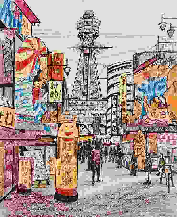 大阪風情畫 代針筆色鉛筆 25x19cm 作者繪於2024年2月