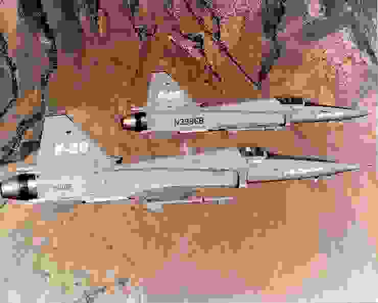 較近者為F-20一號原型機；較遠者為二號原型機。兩者除航電外，外觀也有些許不同。如：座艙罩與機鼻。(Photo by USAF)